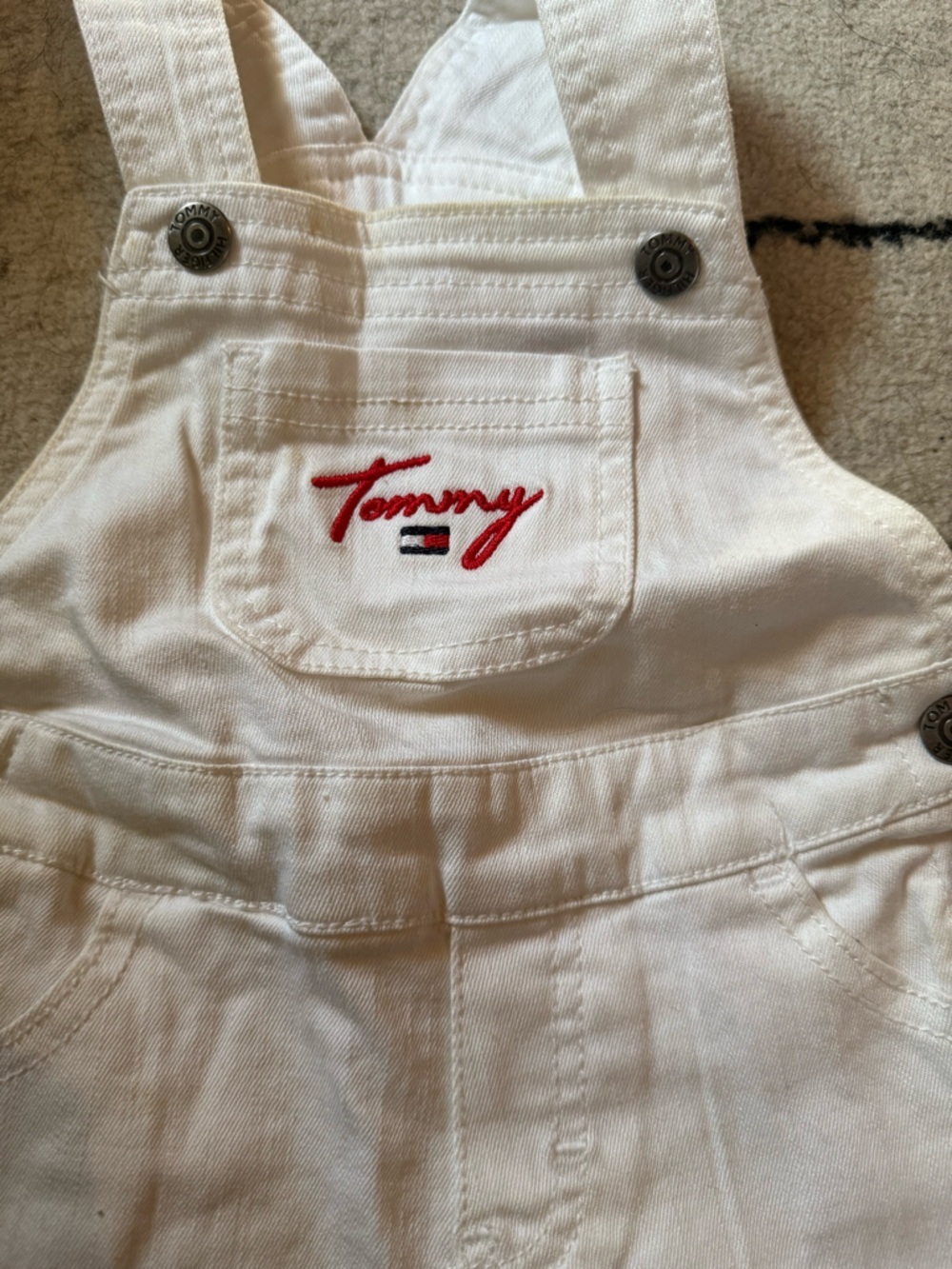 Tommy Hilfiger White Denim Overalls with Red Script and Navy Stripe - Picture 2 of 5
